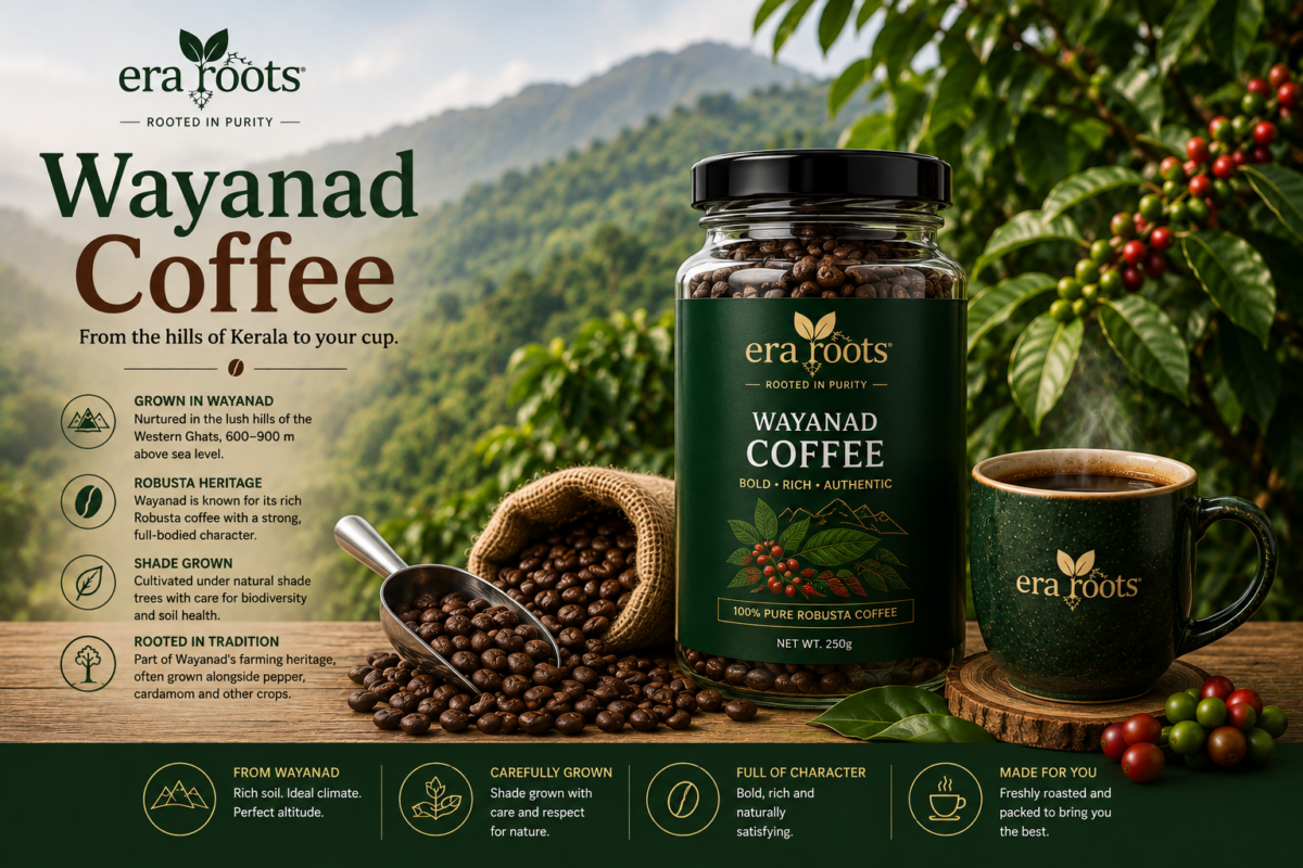 Era Roots Wayanad coffee in glass bottle with coffee beans