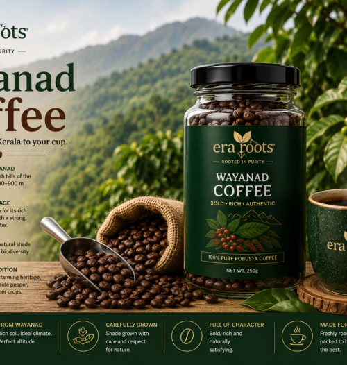 Era Roots Wayanad coffee in glass bottle with coffee beans