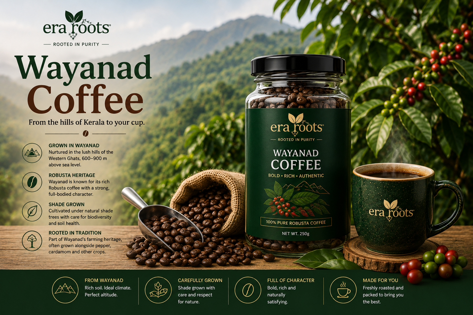 Era Roots Wayanad coffee in glass bottle with coffee beans
