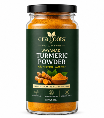 Era Roots Wayanad turmeric powder in glass bottle
